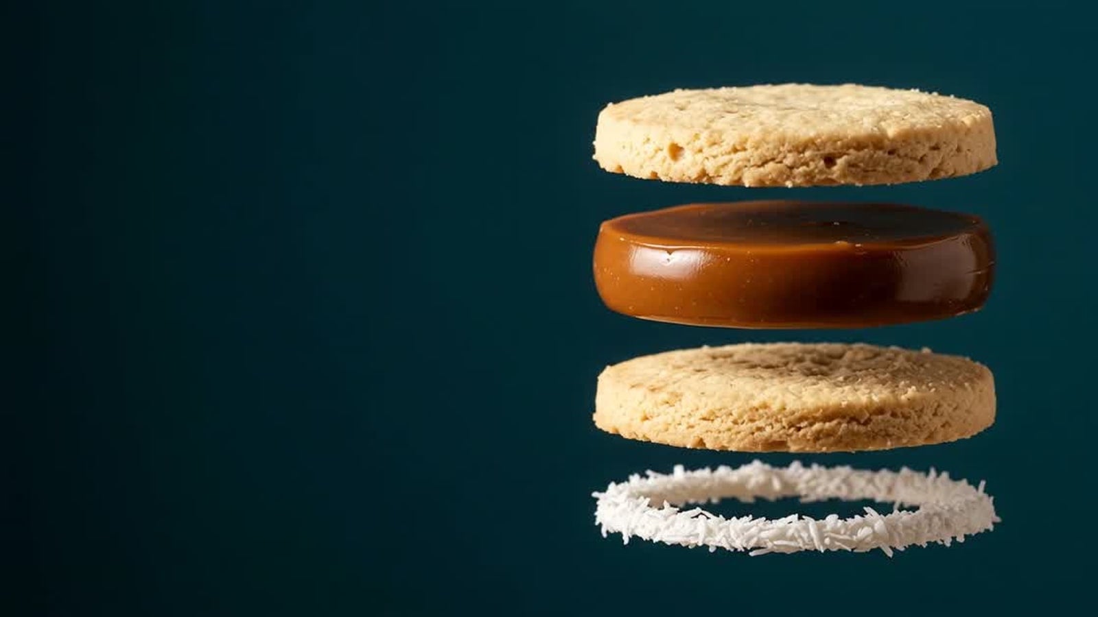 Ein Maizena-Alfajor in Schichten auf dunkelblaugrünem Hintergrund